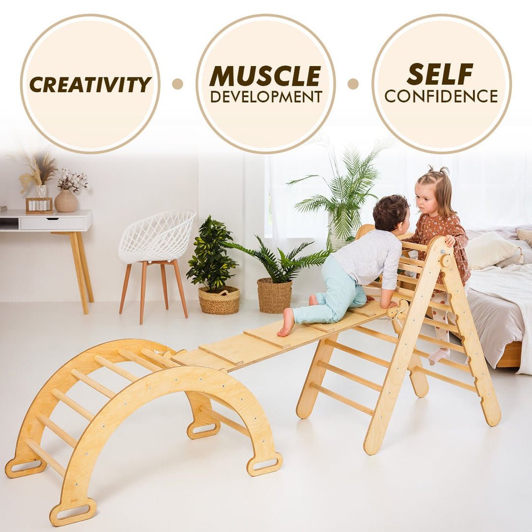 3in1 Montessori Climbing Set: Triangle Ladder + Wooden Arch + Slide Board – by Goodevas