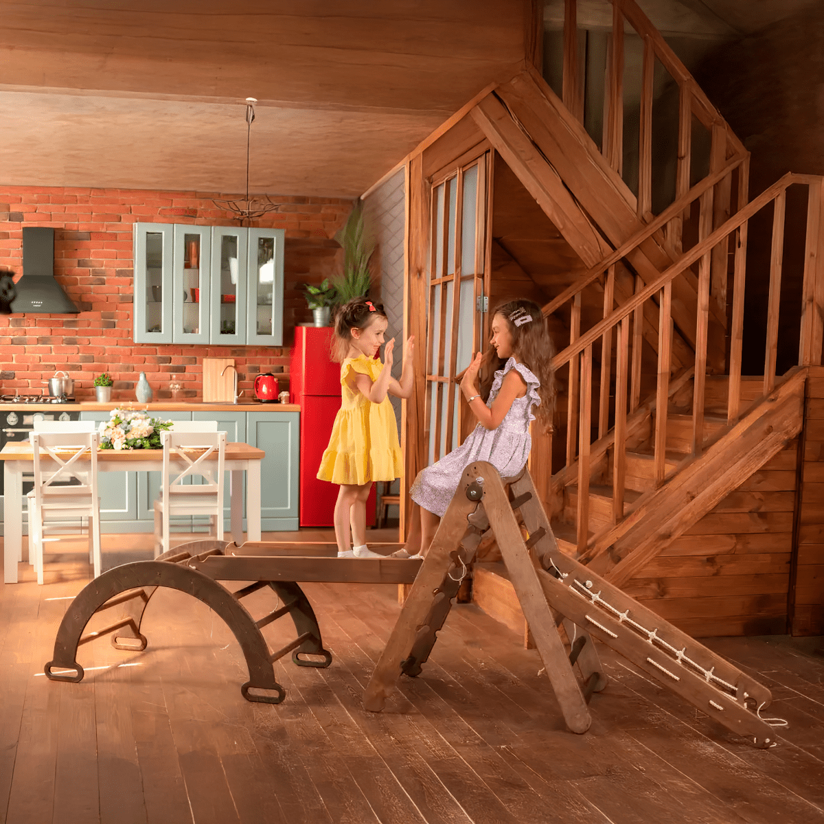 4in1 Montessori Climbing Frame Set: Triangle Ladder + Arch/Rocker + Slide Board/Ramp + Netting rope