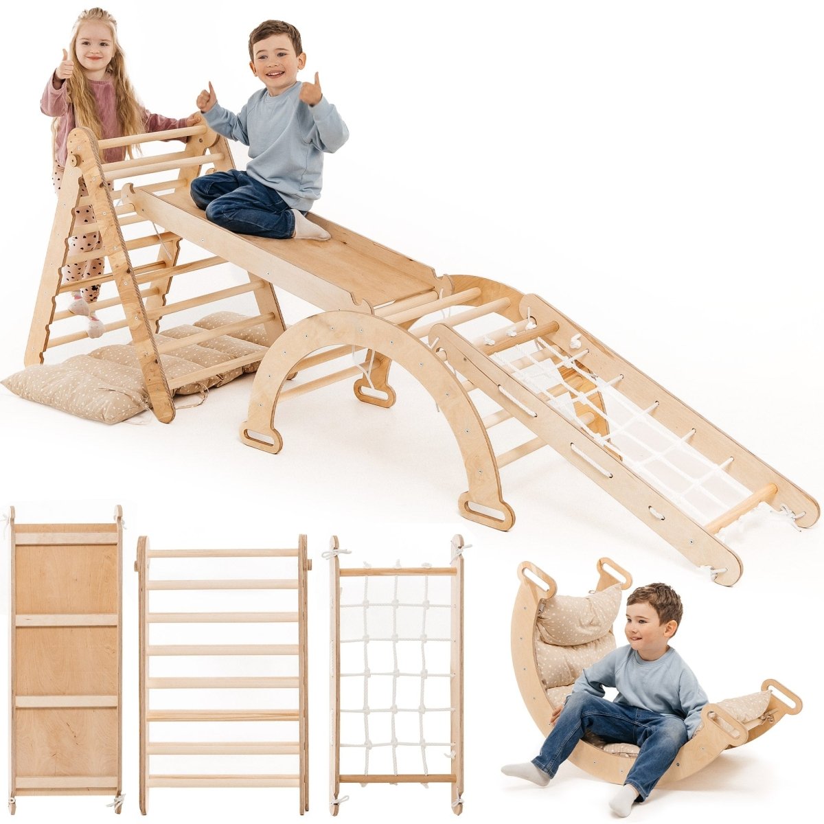 (DAMAGED BOX) 5in1 Montessori Climbing Frame Set: Triangle Ladder + Arch/Rocker + Slide Board/Ramp + Netting rope + Cushion