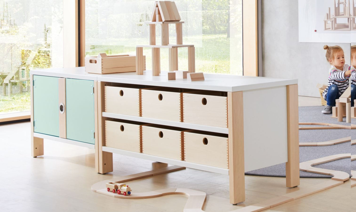 Meuble bas HABA Pro Linus avec 12 boîtes de matériel 1442383 et 1442384