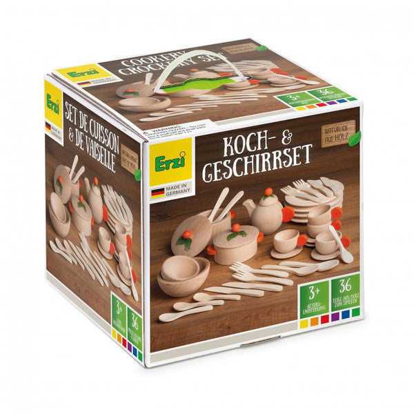Set de vaisselle en bois Erzi (36 pièces) « Cuisine & Vaisselle » - Play Food Made in Germany
