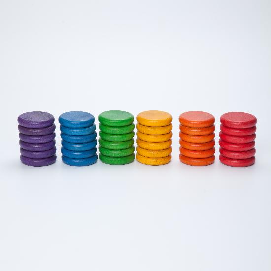 Grapat Wood Coloured Rainbow Coins - 6 Colours (36 Pieces)