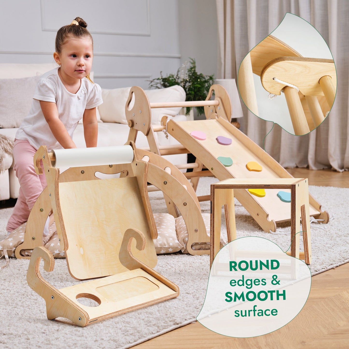 5in1 Montessori Climbing Set: Pikler Triangle, Arch, Slide Board, Art Addition and Cushion for Toddlers (1–3 Years)