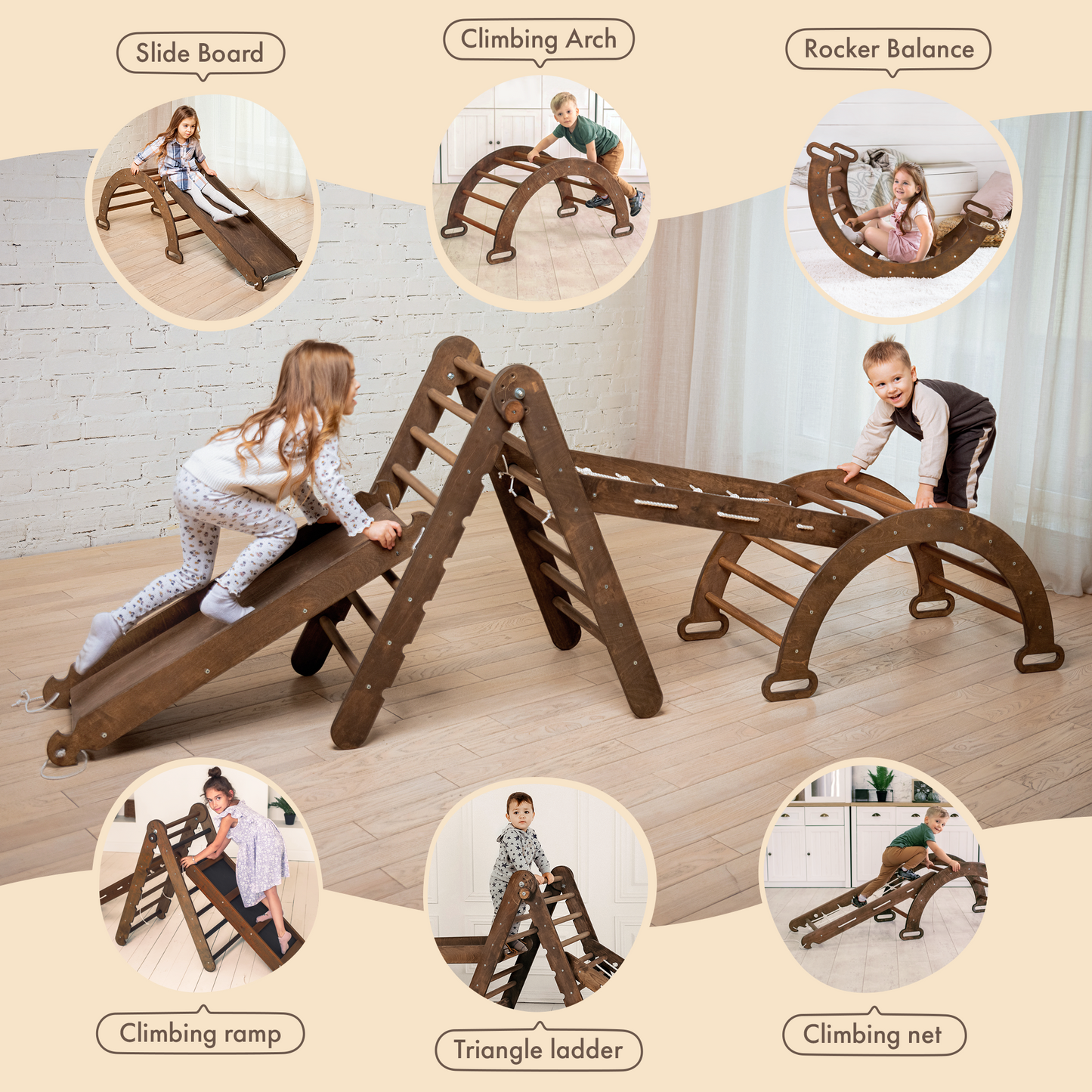 Ensemble d'escalade Montessori 4 en 1 : Échelle triangulaire + Arche/Bascule + Planche toboggan/Rampe + Filet – Chocolat