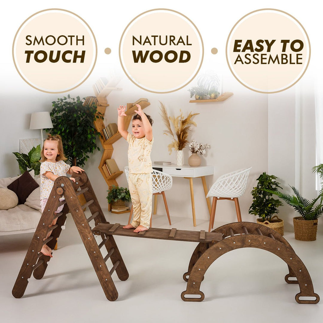 Ensemble d'escalade Montessori 3 en 1 : échelle triangulaire + arche en bois + planche coulissante – Chocolat NOUVEAU