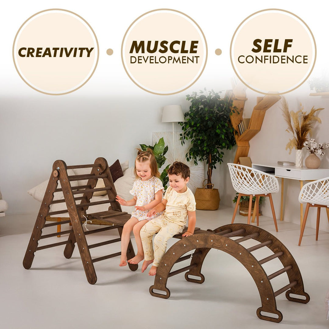 Ensemble d'escalade Montessori 3 en 1 : échelle triangulaire + arche en bois + planche coulissante – Chocolat NOUVEAU