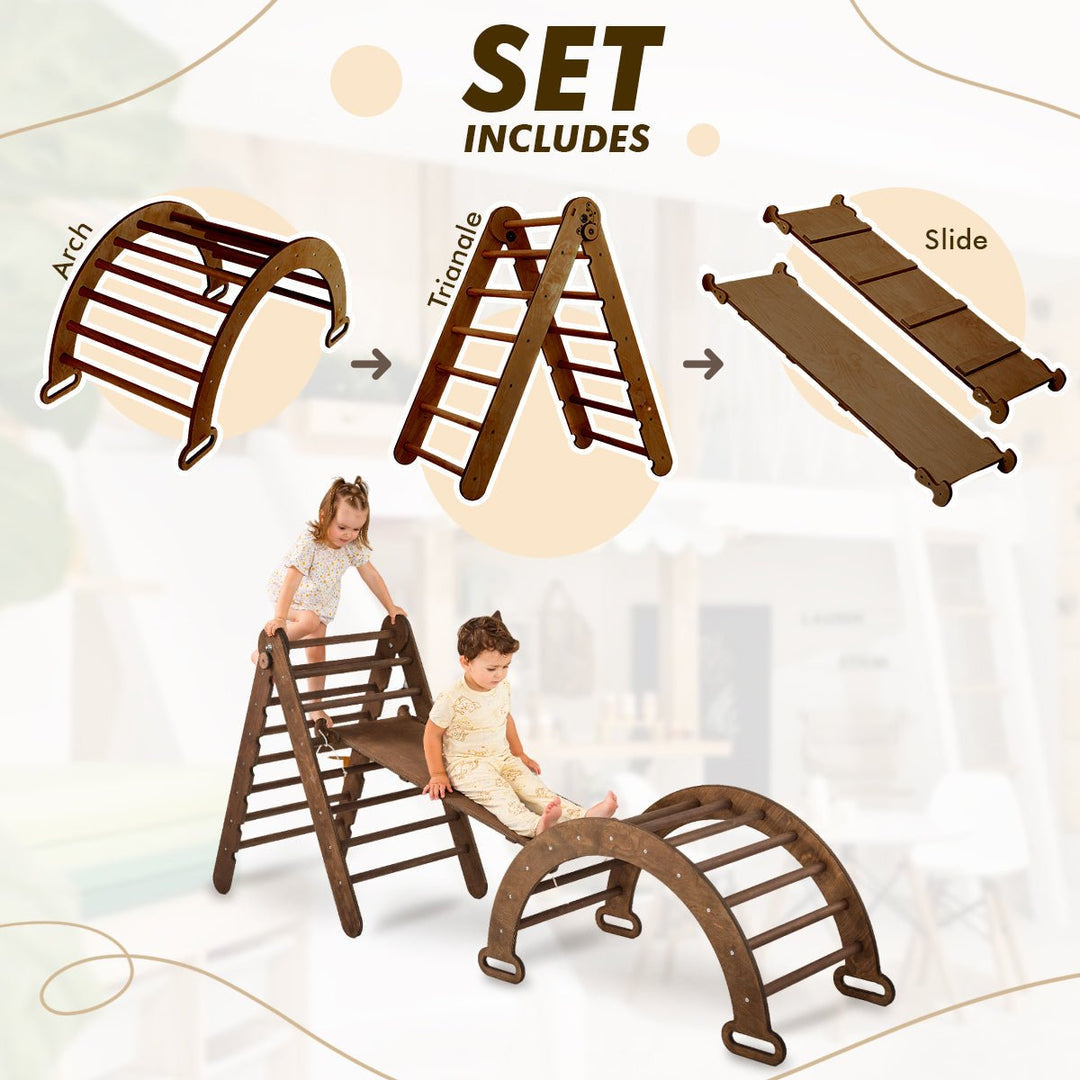 Ensemble d'escalade Montessori 3 en 1 : échelle triangulaire + arche en bois + planche coulissante – Chocolat NOUVEAU