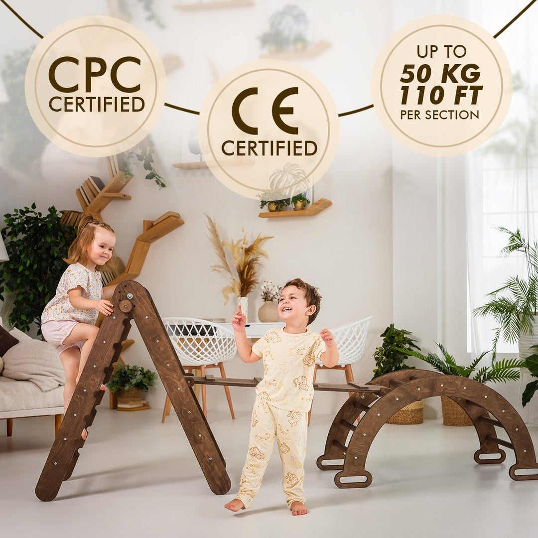 3in1 Montessori Climbing Set: Triangle Ladder + Wooden Arch + Slide Board – Chocolate NEW