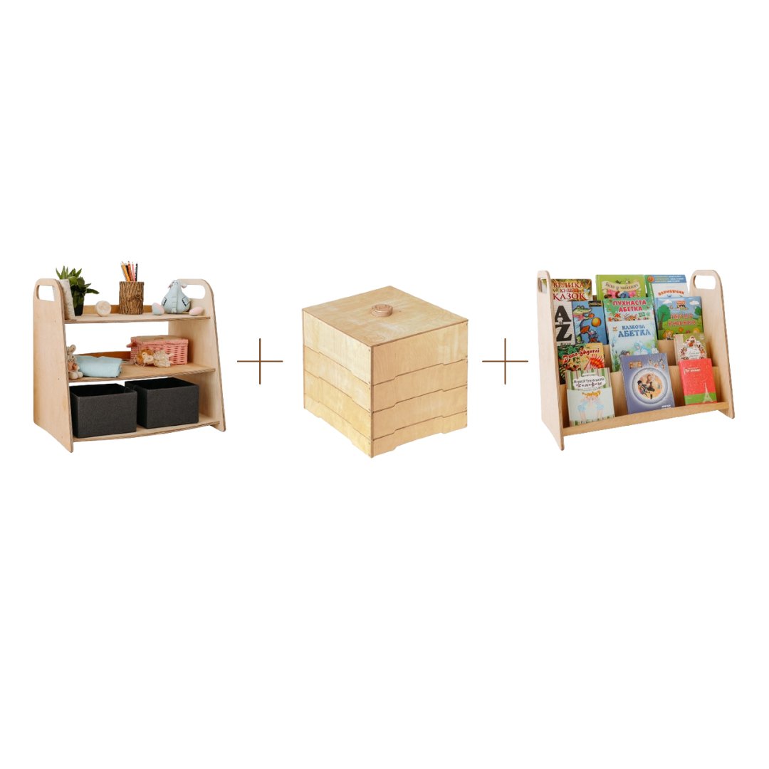 3in1 Montessori Shelves Set: Bookshelf + Toy Shelf + Lego sorter