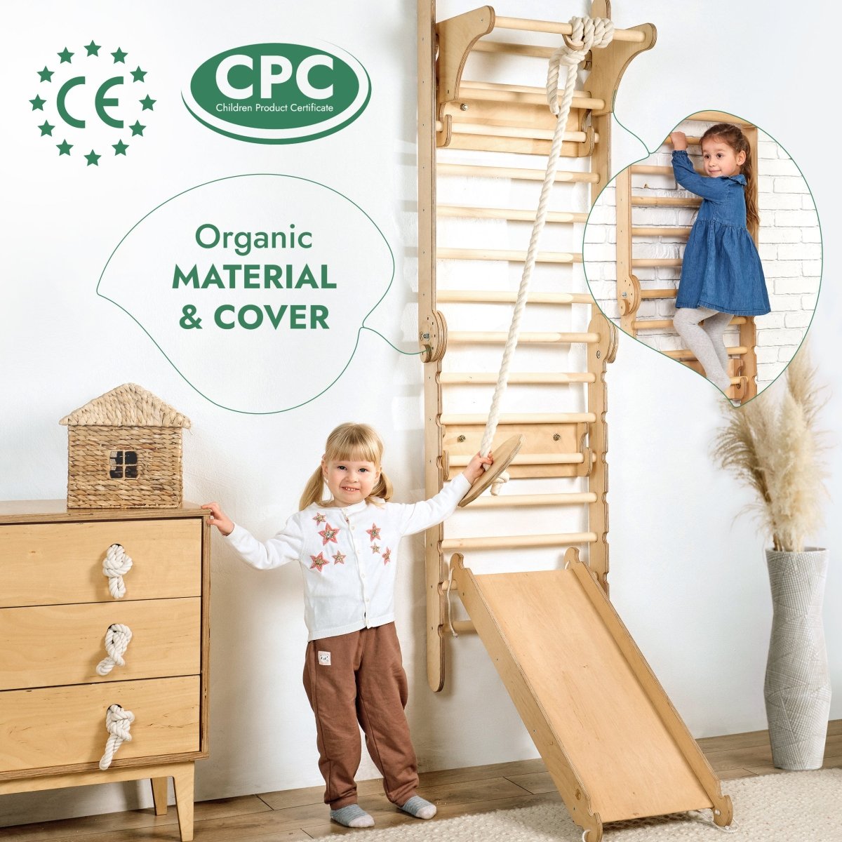 3en1 : Mur suédois en bois / Échelle d'escalade pour enfants + Balançoire + Planche toboggan