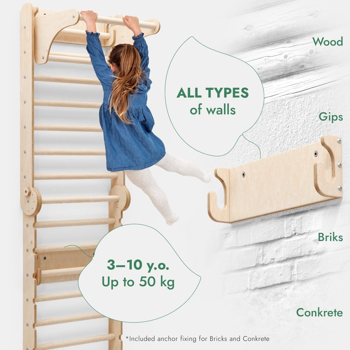 3en1 : Mur suédois en bois / Échelle d'escalade pour enfants + Balançoire + Planche toboggan