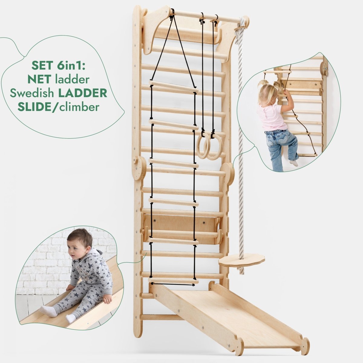 3en1 : Mur suédois en bois / Échelle d'escalade pour enfants + Balançoire + Planche toboggan