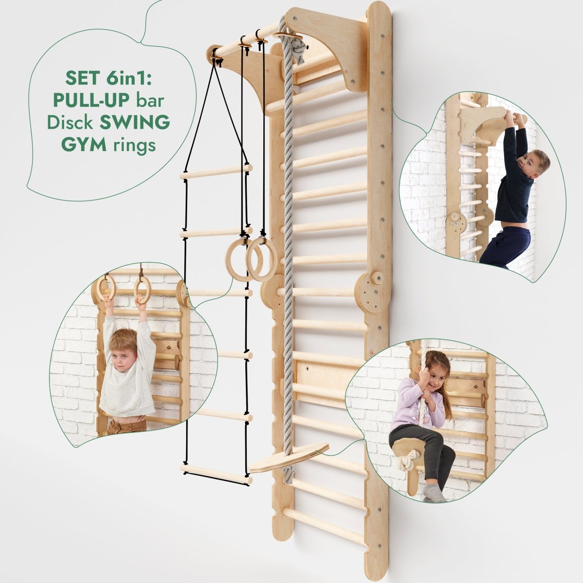 3en1 : Mur suédois en bois / Échelle d'escalade pour enfants + Balançoire + Planche toboggan