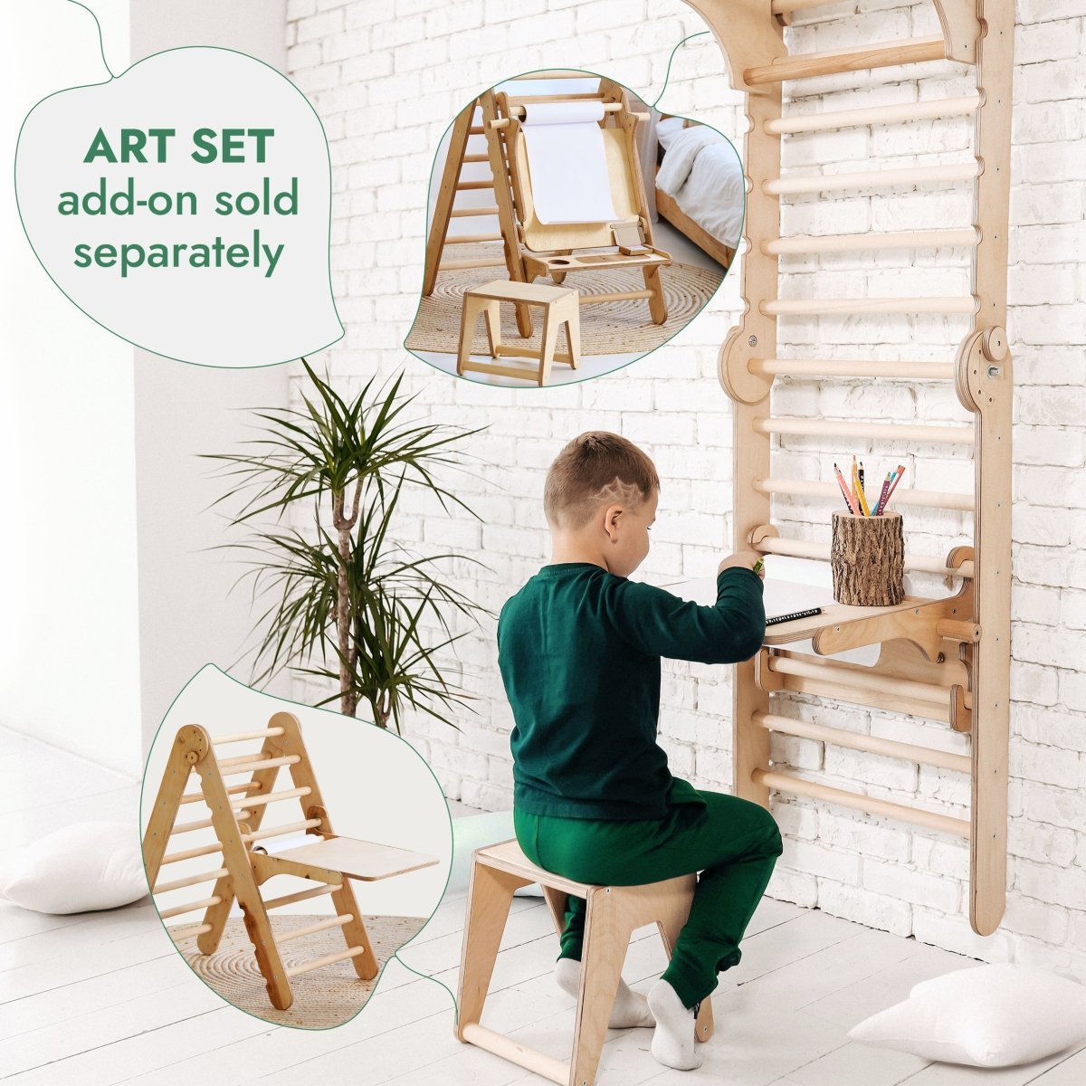 3en1 : Mur suédois en bois / Échelle d'escalade pour enfants + Balançoire + Planche toboggan