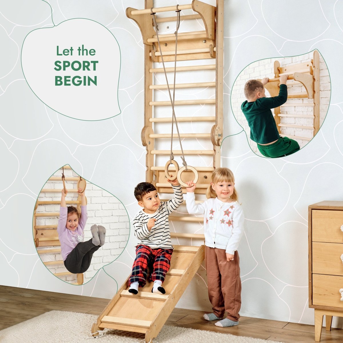 3en1 : Mur suédois en bois / Échelle d'escalade pour enfants + Balançoire + Planche toboggan