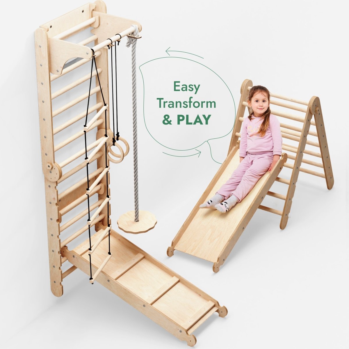 3en1 : Mur suédois en bois / Échelle d'escalade pour enfants + Balançoire + Planche toboggan
