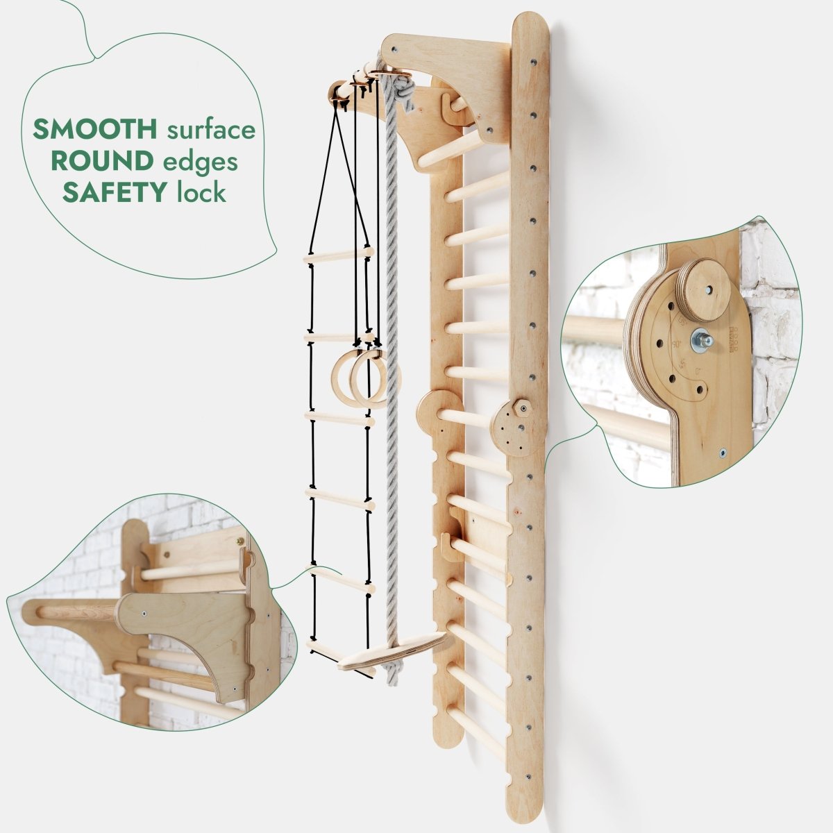 3en1 : Mur suédois en bois / Échelle d'escalade pour enfants + Balançoire + Planche toboggan