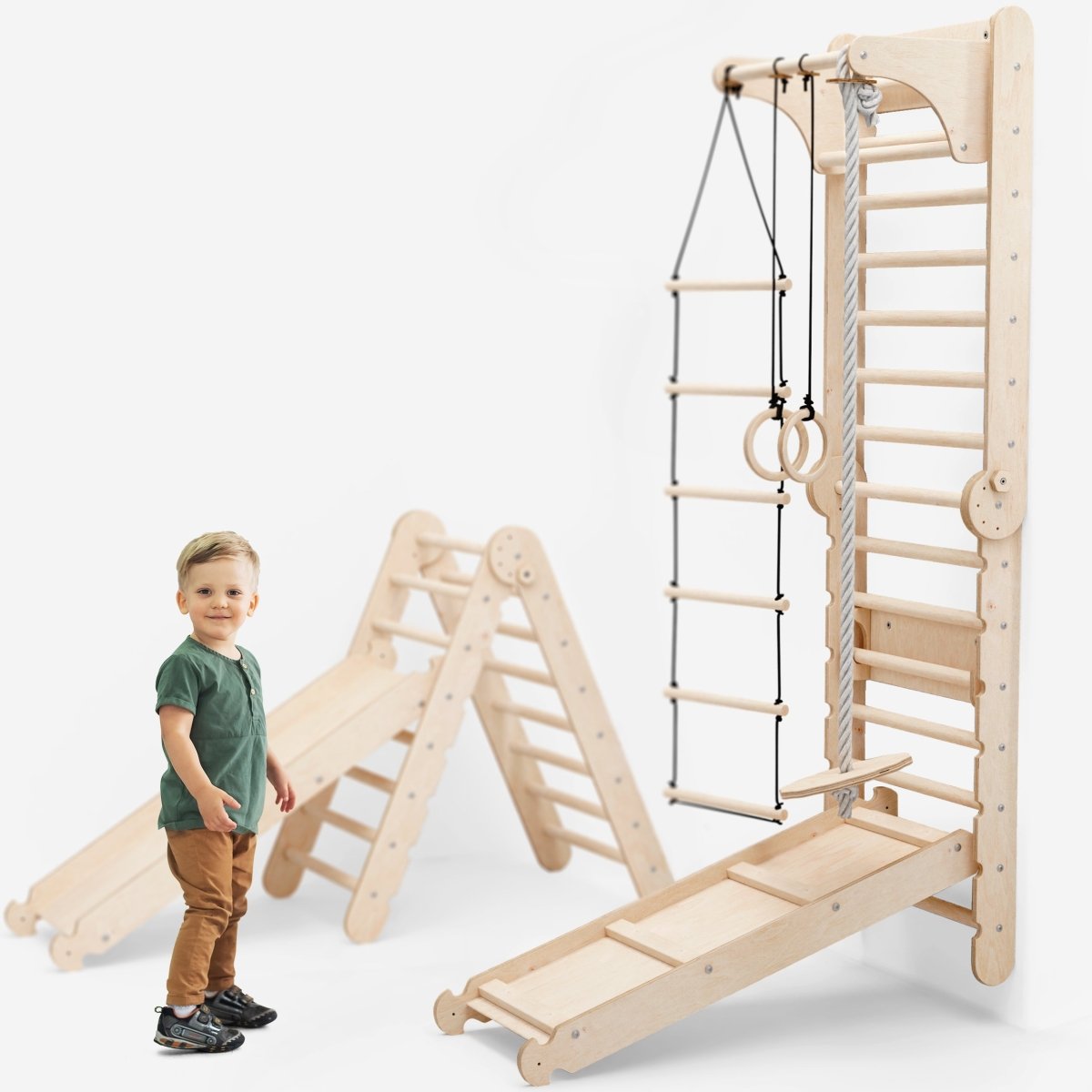 3en1 : Mur suédois en bois / Échelle d'escalade pour enfants + Balançoire + Planche toboggan