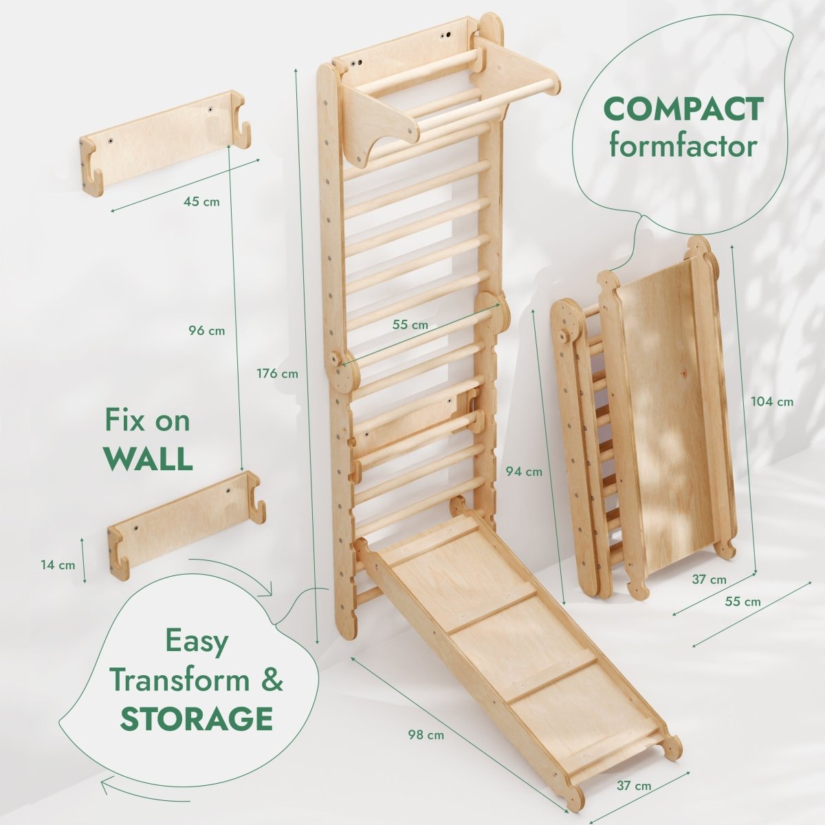 3en1 : Mur suédois en bois / Échelle d'escalade pour enfants + Balançoire + Planche toboggan