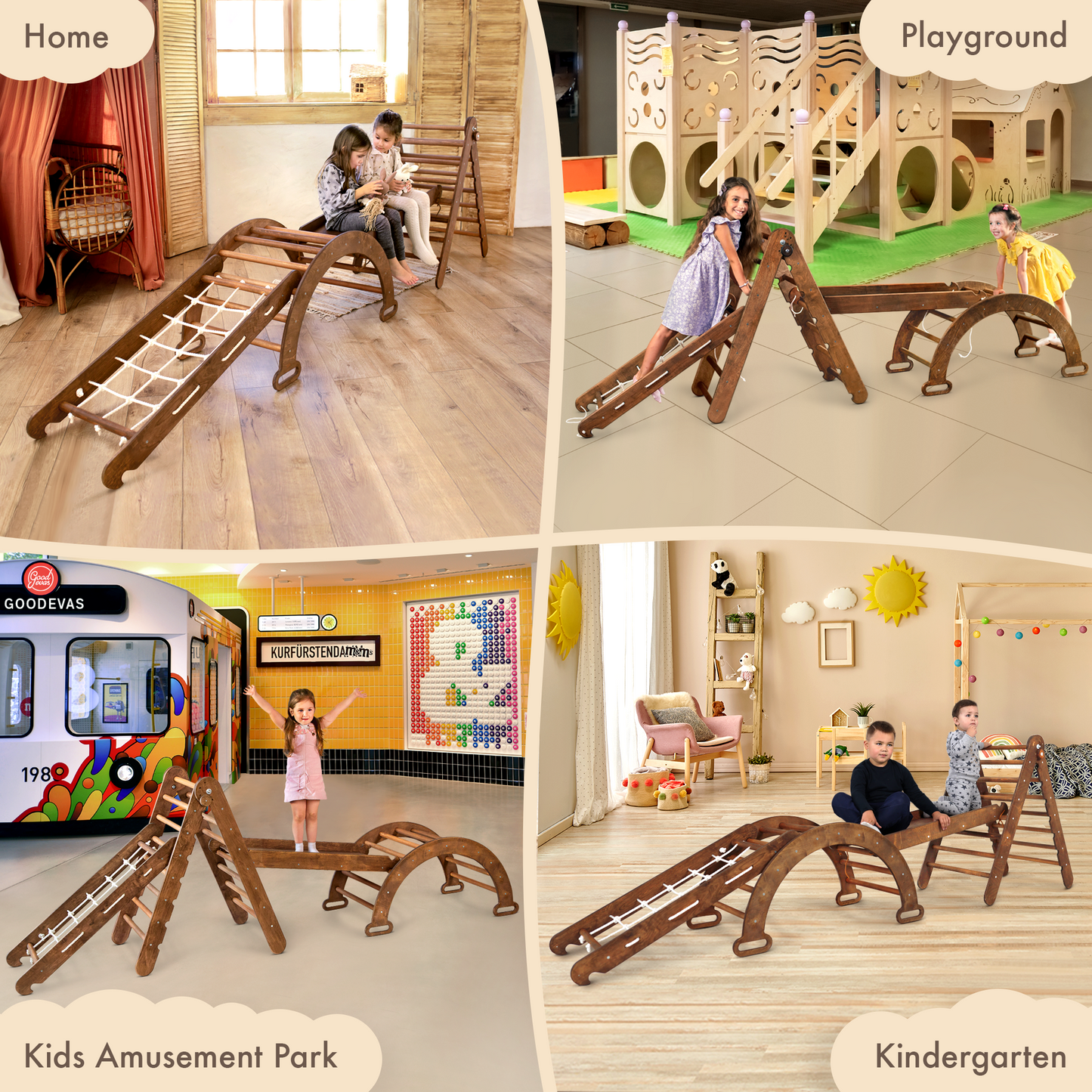 Ensemble d'escalade Montessori 4 en 1 : Échelle triangulaire + Arche/Bascule + Planche toboggan/Rampe + Filet – Chocolat