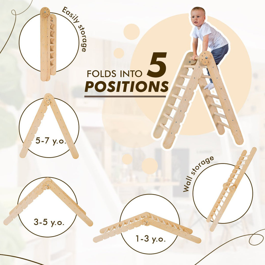 4in1 Montessori Climbing Set: Triangle Ladder + Arch/Rocker + Slide Board/Ramp + Climbing Net – Beige