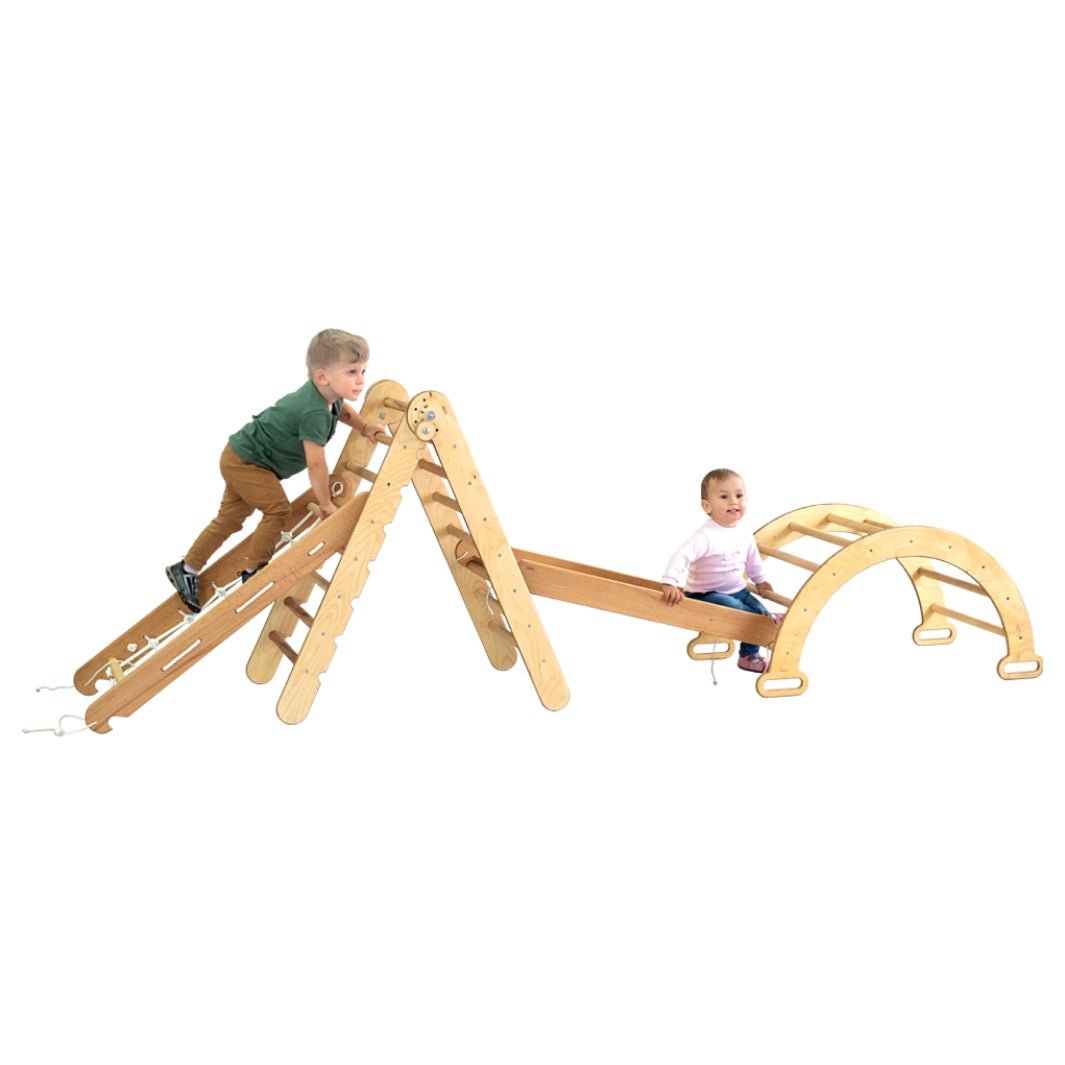 Ensemble d'escalade Montessori 4 en 1 : échelle triangulaire + arche/bascule + planche/rampe coulissante + filet d'escalade – Beige