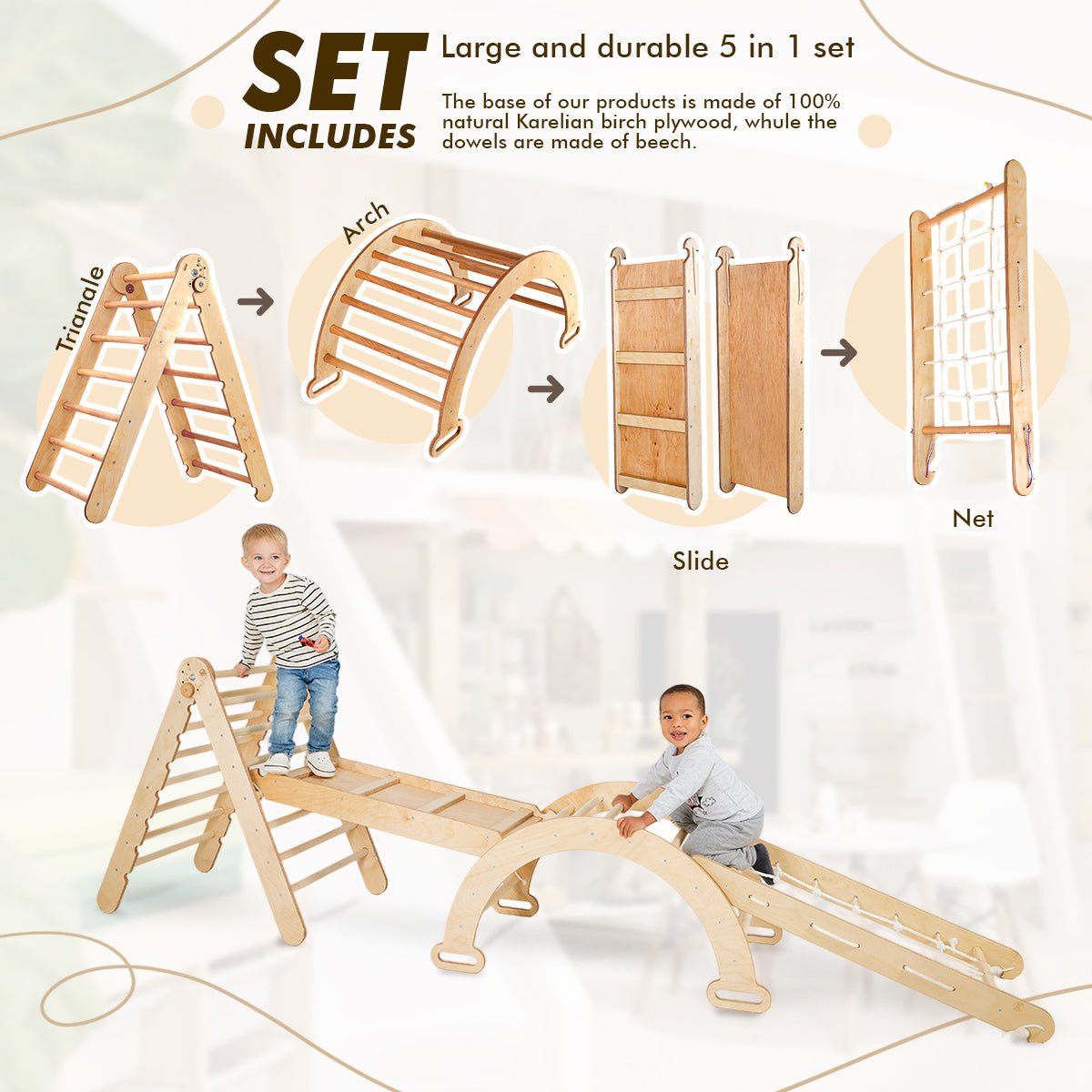 4in1 Montessori Climbing Set: Triangle Ladder + Arch/Rocker + Slide Board/Ramp + Climbing Net – Beige