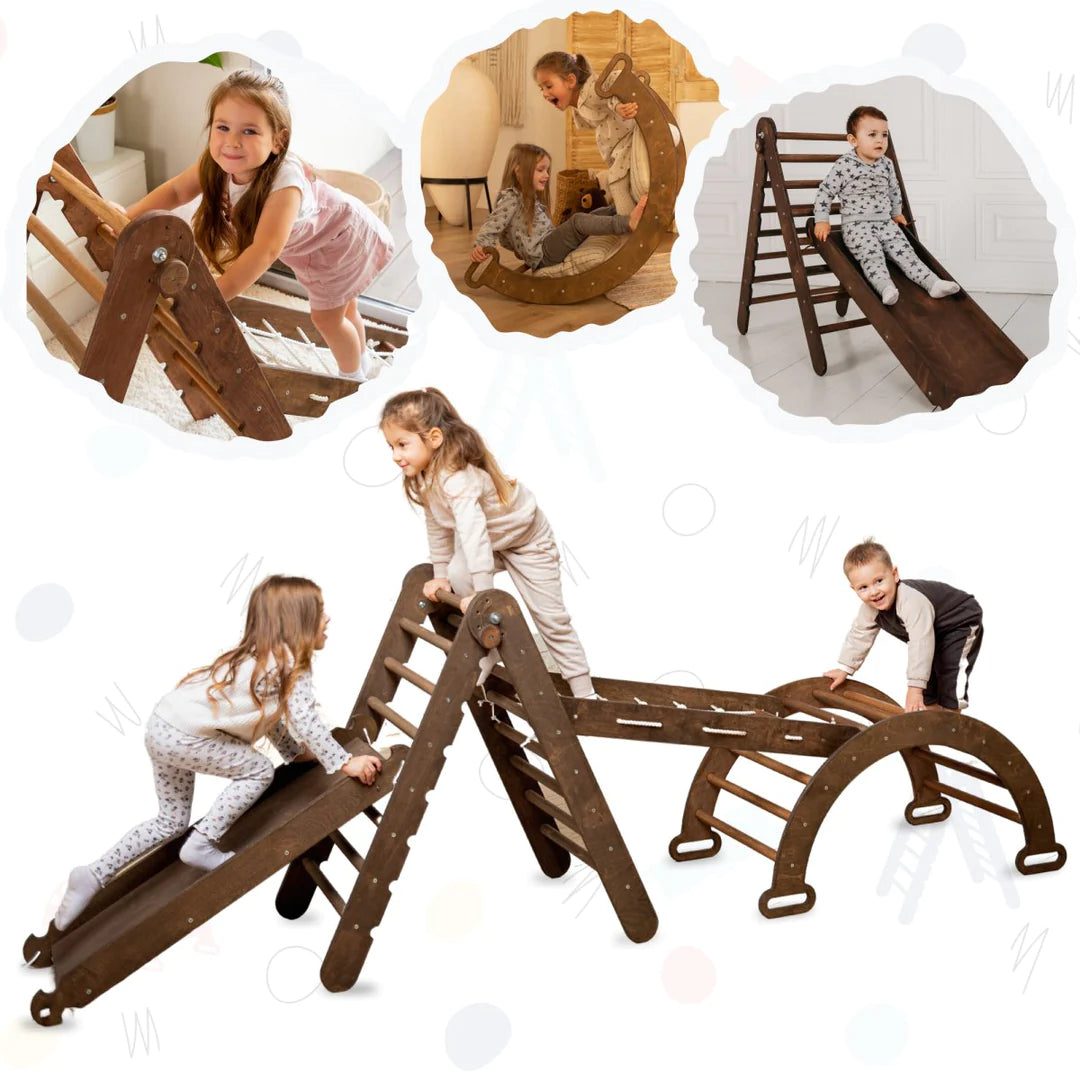 Ensemble d'escalade Montessori 4 en 1 : Échelle triangulaire + Arche/Bascule + Planche toboggan/Rampe + Filet – Chocolat