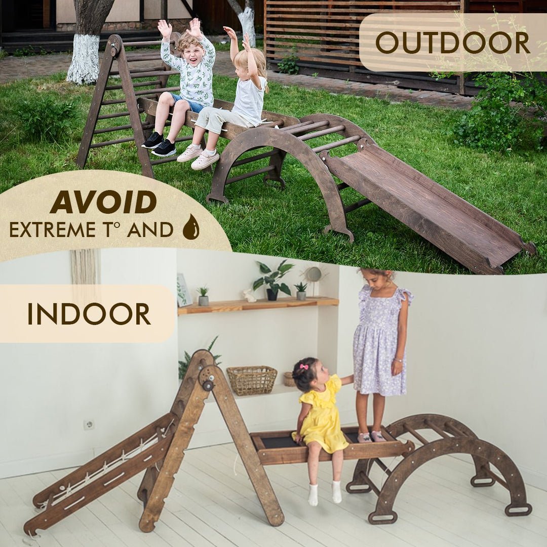 Ensemble d'escalade Montessori 4 en 1 : Échelle triangulaire + Arche/Bascule + Planche toboggan/Rampe + Filet – Chocolat