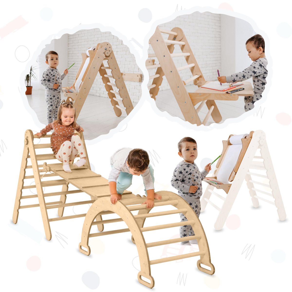 4in1 Montessori Climbing Set: Triangle Ladder + Climbing Arch + Slide Board + Art Addition