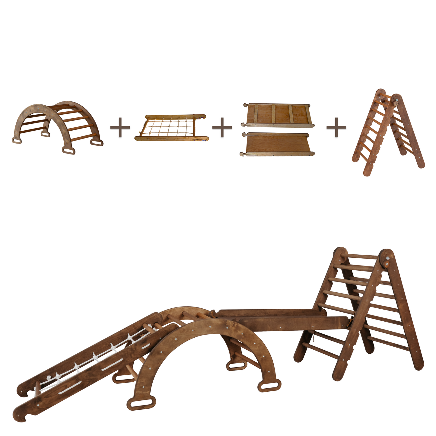 4in1 Montessori Climbing Set: Triangle Ladder + Arch/Rocker + Slide Board/Ramp + Net – Chocolate