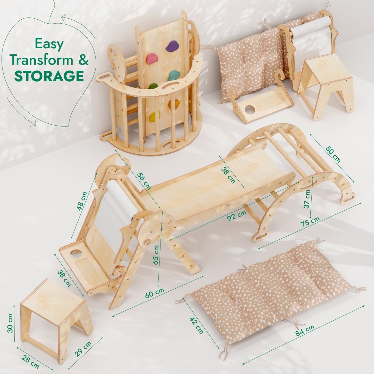 5in1 Montessori Climbing Set: Pikler Triangle, Arch, Slide Board, Art Addition and Cushion for Toddlers (1–3 Years)