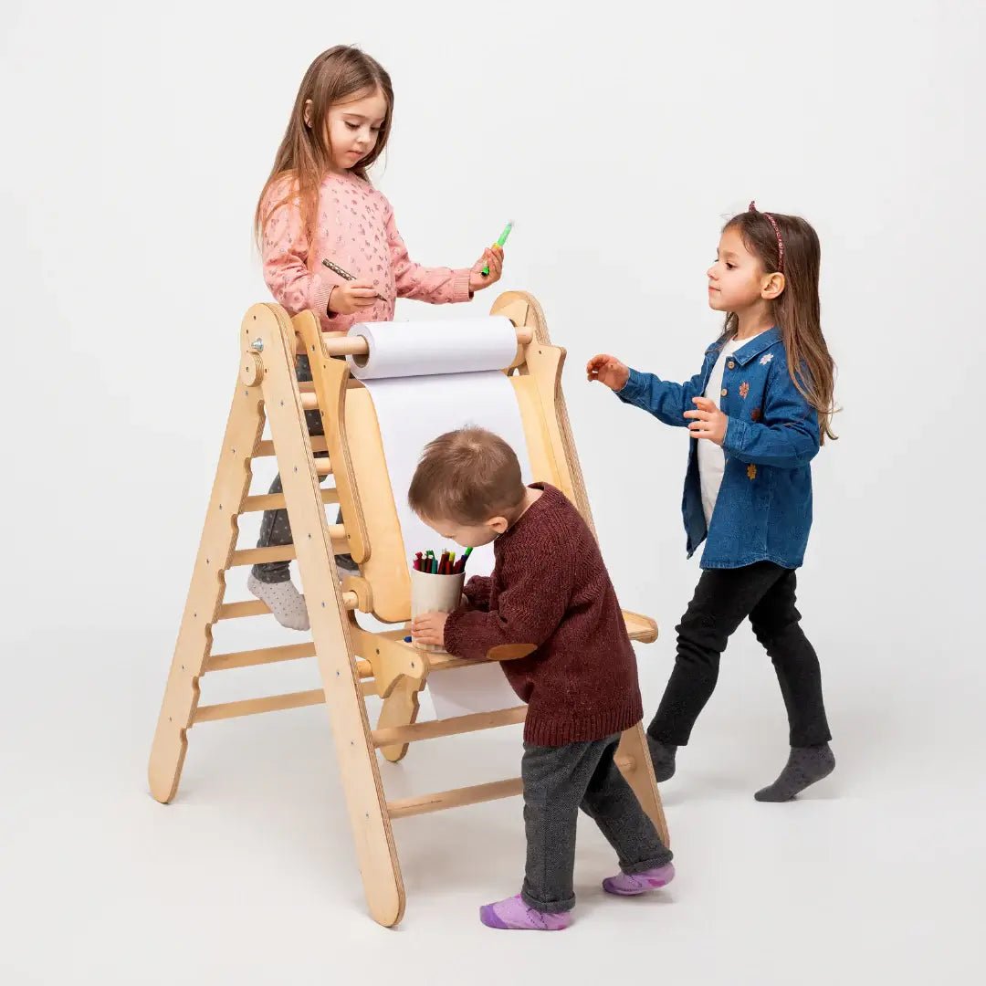 Ensemble de cadre d'escalade Montessori 6 en 1 : échelle triangulaire + arche/bascule + toboggan/rampe + filet + coussin + ajout artistique