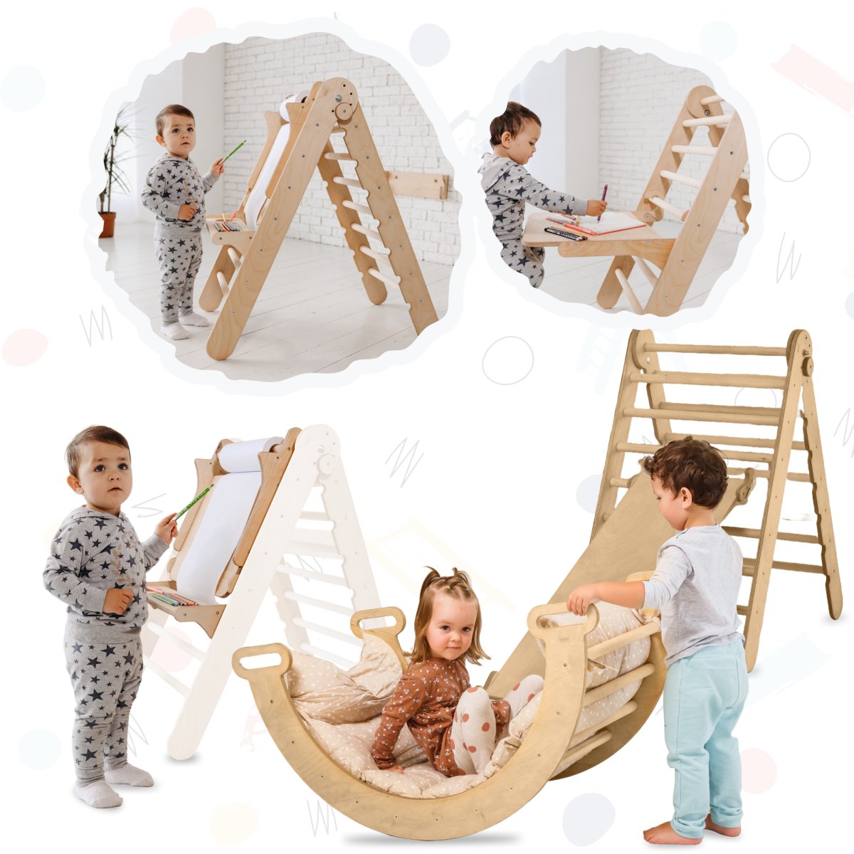 Ensemble d'escalade Montessori 5 en 1 : échelle triangulaire + arche d'escalade + planche coulissante + coussin + ajout artistique