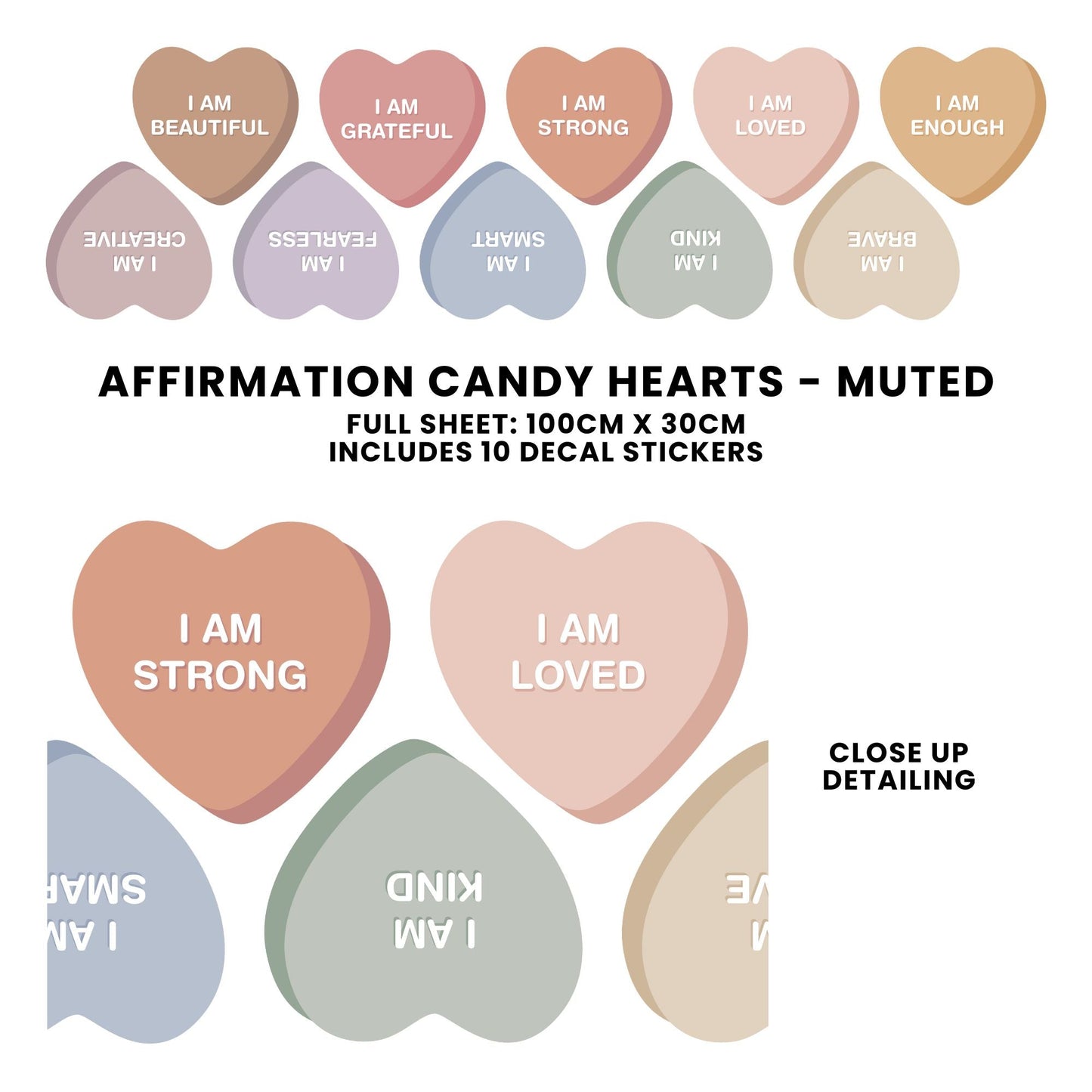 Peel & Stick Fabric Wall Stickers - Affirmation Candy Hearts (Muted)