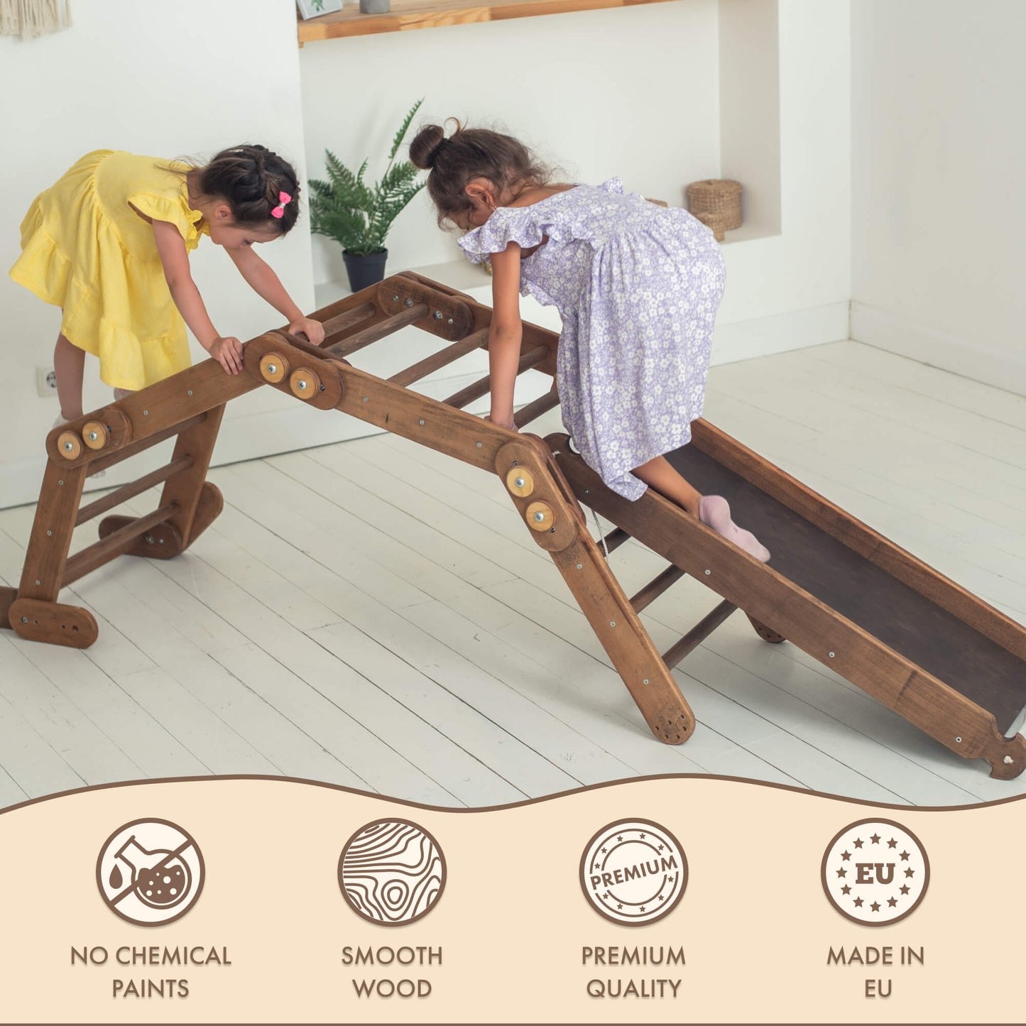 Ensemble de cadres d'escalade Montessori 2 en 1 : échelle serpent + planche coulissante/rampe d'escalade | Chocolat