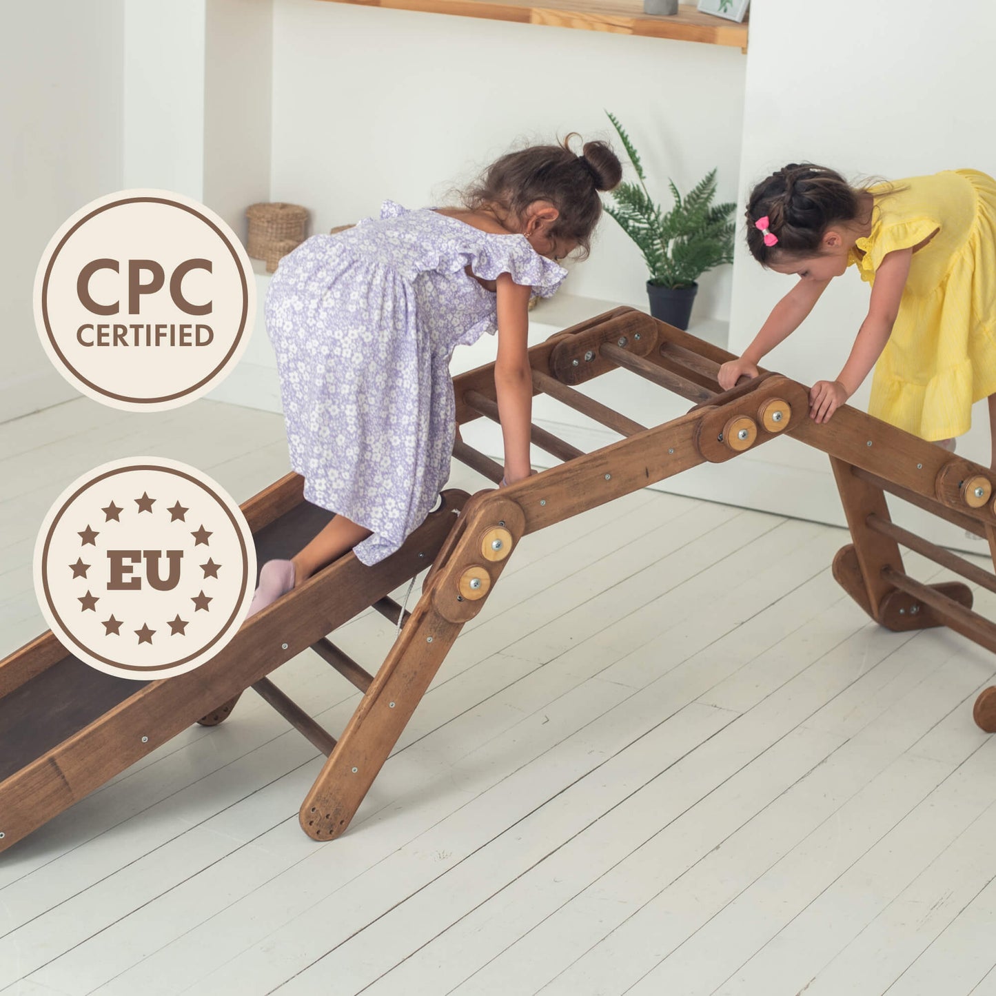 Ensemble de cadres d'escalade Montessori 2 en 1 : échelle serpent + planche coulissante/rampe d'escalade | Chocolat