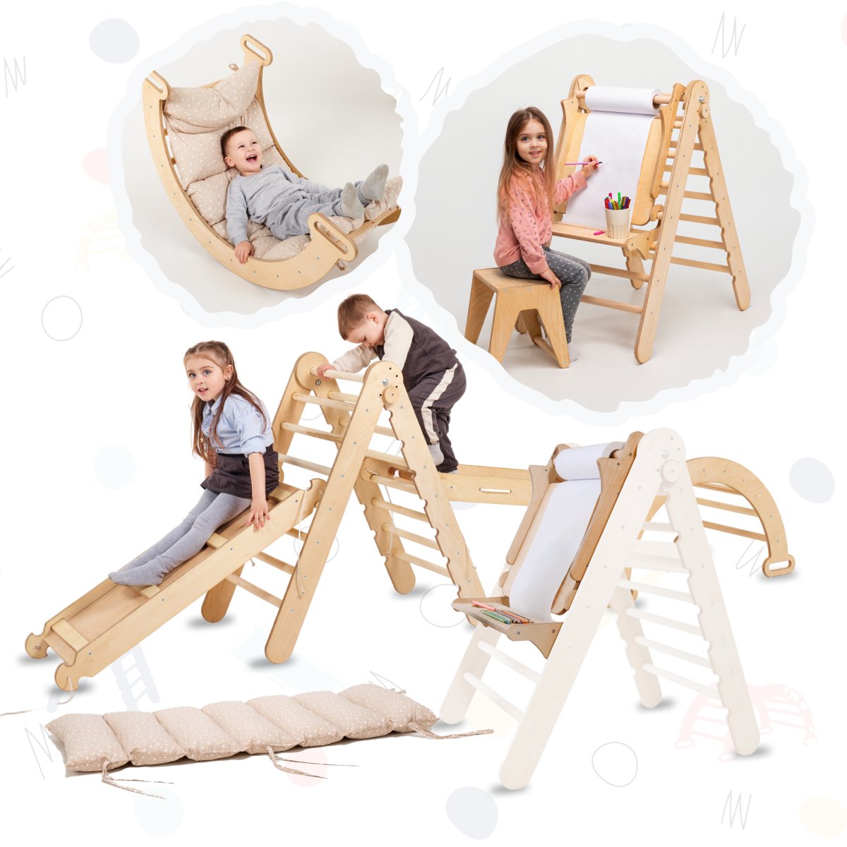 Ensemble de cadre d'escalade Montessori 6 en 1 : échelle triangulaire + arche/bascule + toboggan/rampe + filet + coussin + ajout artistique