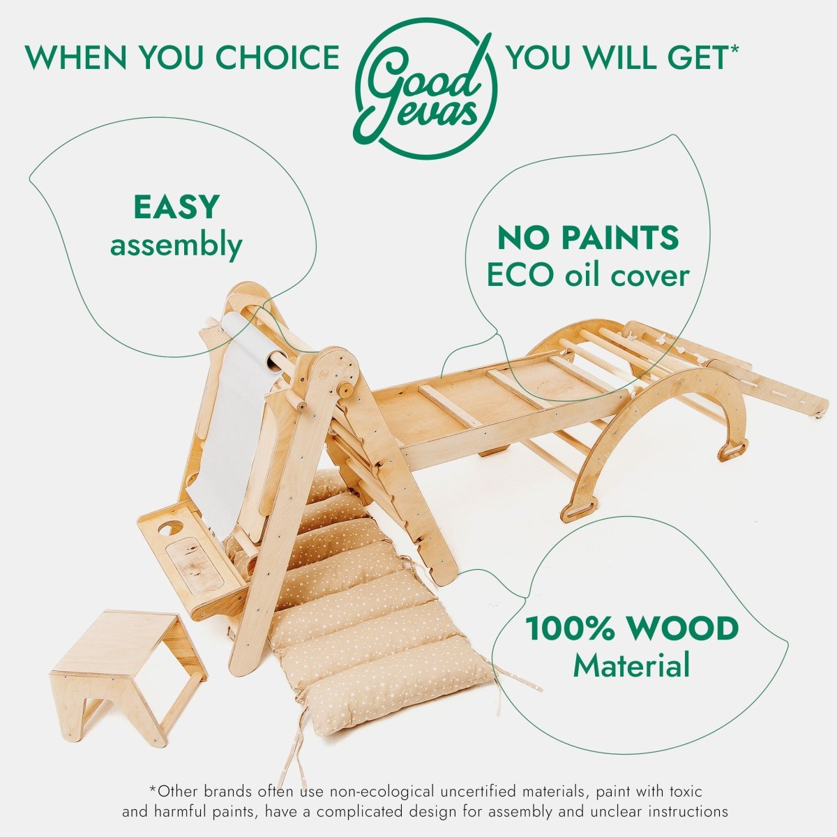 Ensemble de cadre d'escalade Montessori 6 en 1 : échelle triangulaire + arche/bascule + toboggan/rampe + filet + coussin + ajout artistique