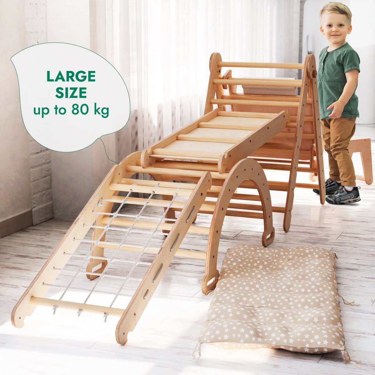 Ensemble de cadre d'escalade Montessori 6 en 1 : échelle triangulaire + arche/bascule + toboggan/rampe + filet + coussin + ajout artistique