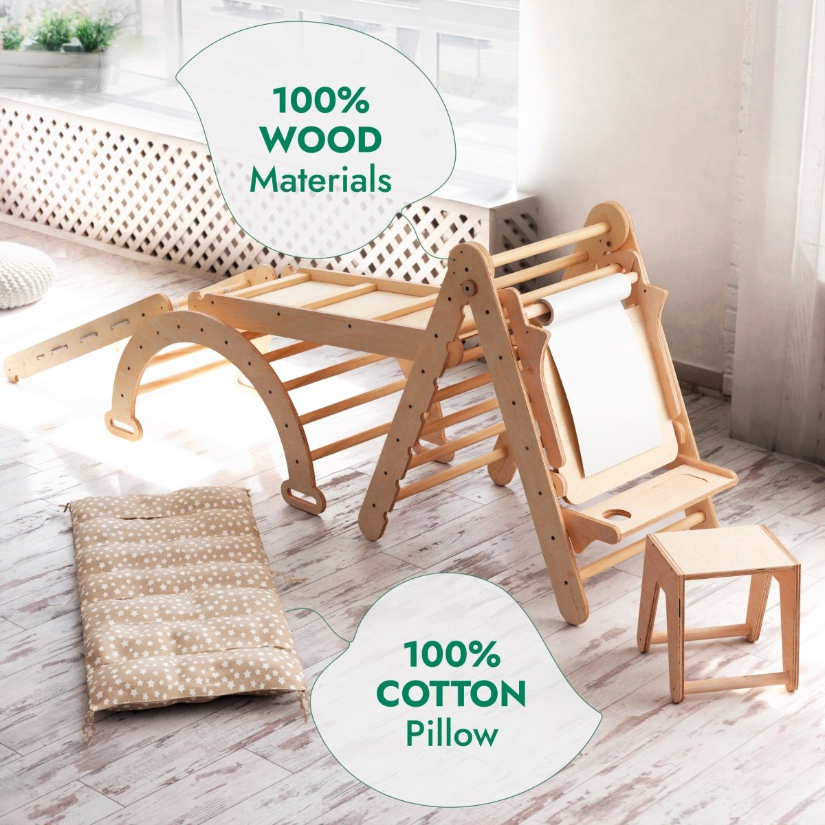 Ensemble de cadre d'escalade Montessori 6 en 1 : échelle triangulaire + arche/bascule + toboggan/rampe + filet + coussin + ajout artistique