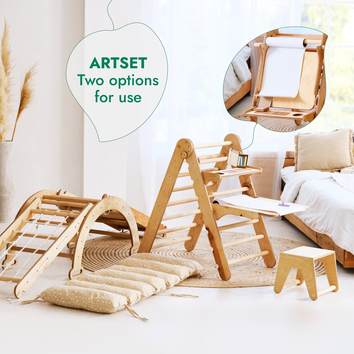 Ensemble de cadre d'escalade Montessori 6 en 1 : échelle triangulaire + arche/bascule + toboggan/rampe + filet + coussin + ajout artistique