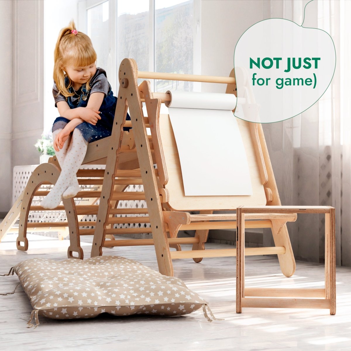 Ensemble de cadre d'escalade Montessori 6 en 1 : échelle triangulaire + arche/bascule + toboggan/rampe + filet + coussin + ajout artistique