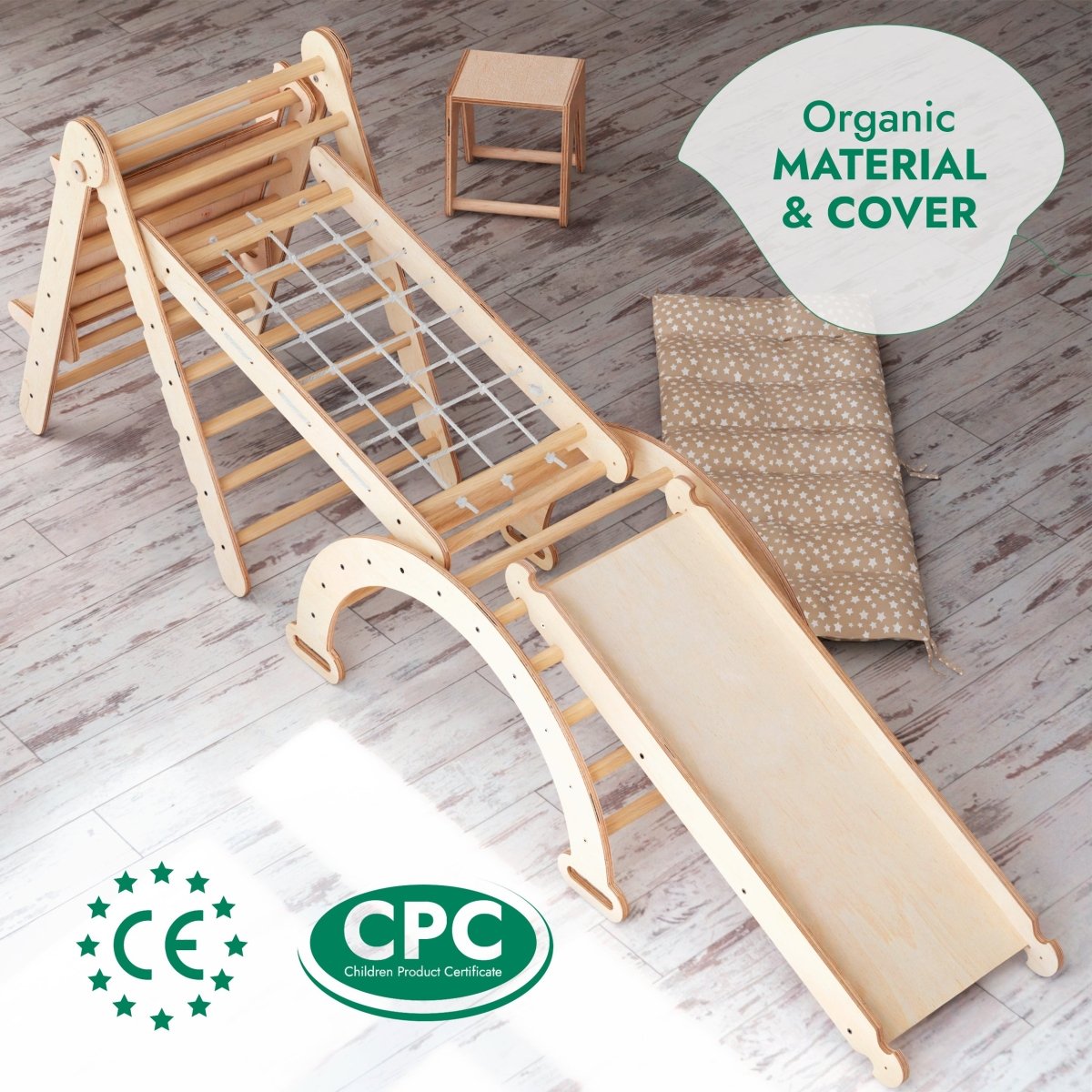 Ensemble de cadre d'escalade Montessori 6 en 1 : échelle triangulaire + arche/bascule + toboggan/rampe + filet + coussin + ajout artistique