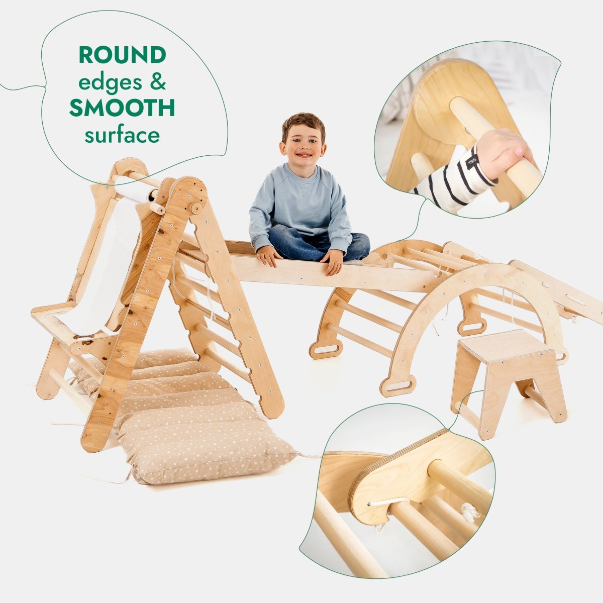 Ensemble de cadre d'escalade Montessori 6 en 1 : échelle triangulaire + arche/bascule + toboggan/rampe + filet + coussin + ajout artistique