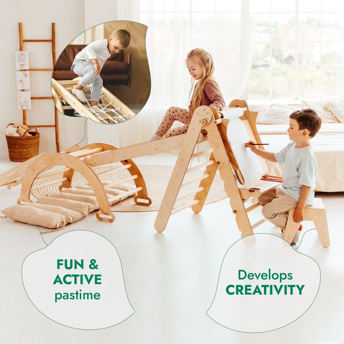 Ensemble de cadre d'escalade Montessori 6 en 1 : échelle triangulaire + arche/bascule + toboggan/rampe + filet + coussin + ajout artistique