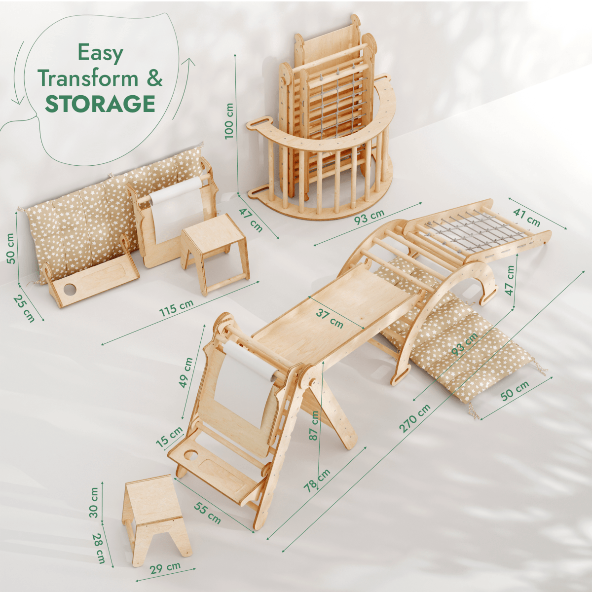 Ensemble de cadre d'escalade Montessori 6 en 1 : échelle triangulaire + arche/bascule + toboggan/rampe + filet + coussin + ajout artistique