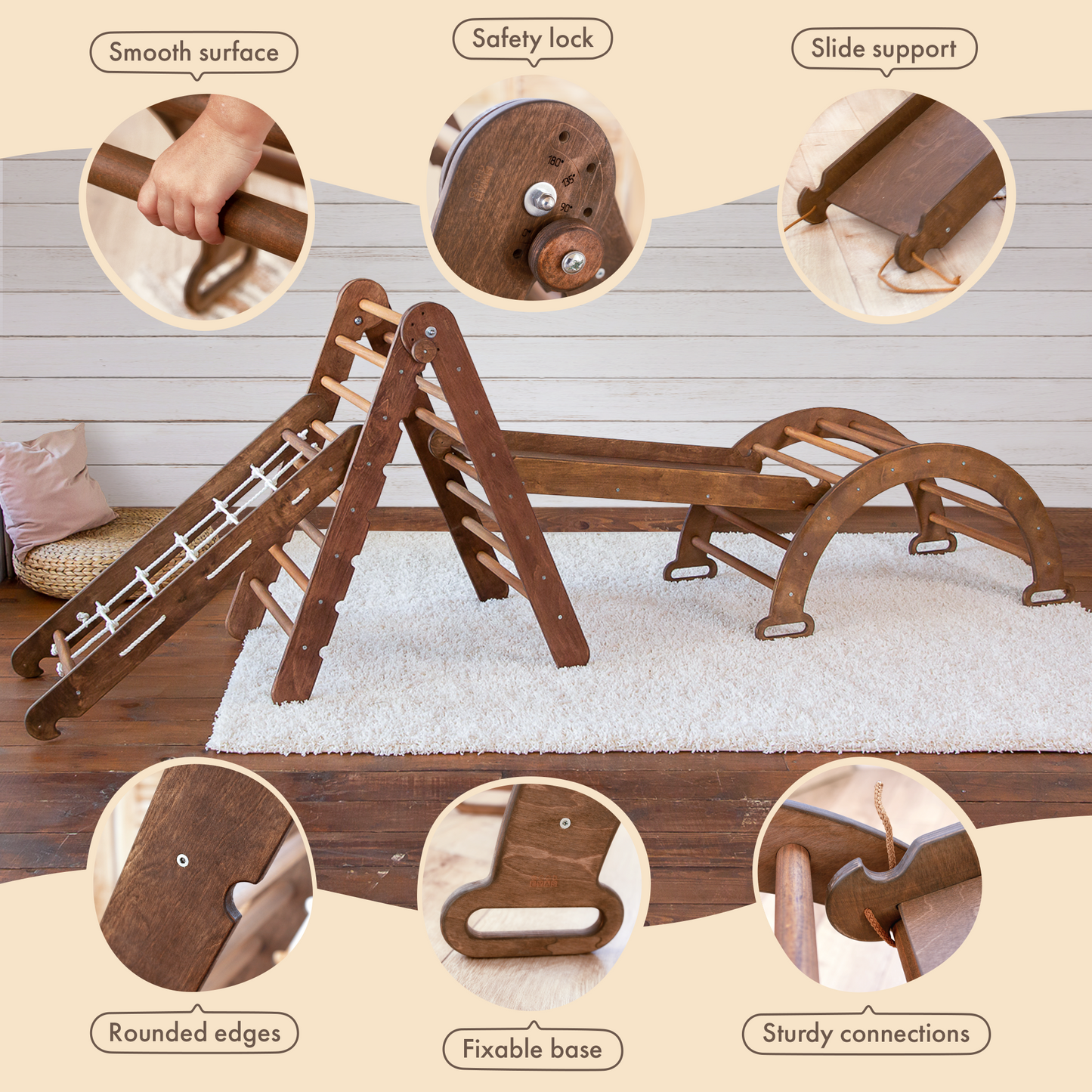 4in1 Montessori Climbing Set: Triangle Ladder + Arch/Rocker + Slide Board/Ramp + Net – Chocolate