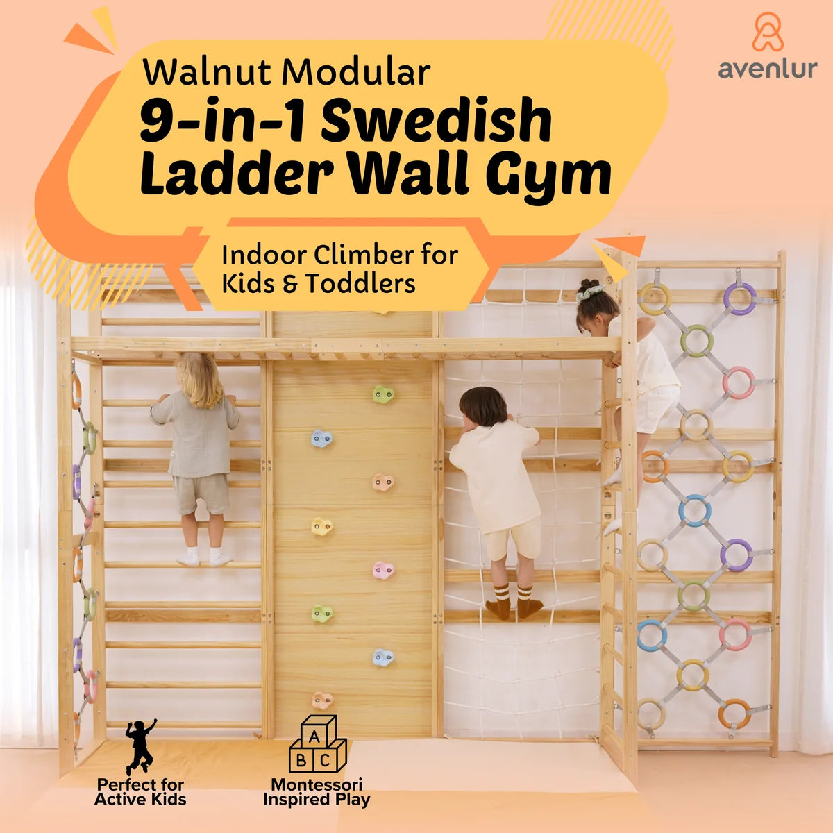 Walnut Modular 9-in-1 Swedish Ladder Wall Gym – Indoor Climber for Kids & Toddlers by Avenlur