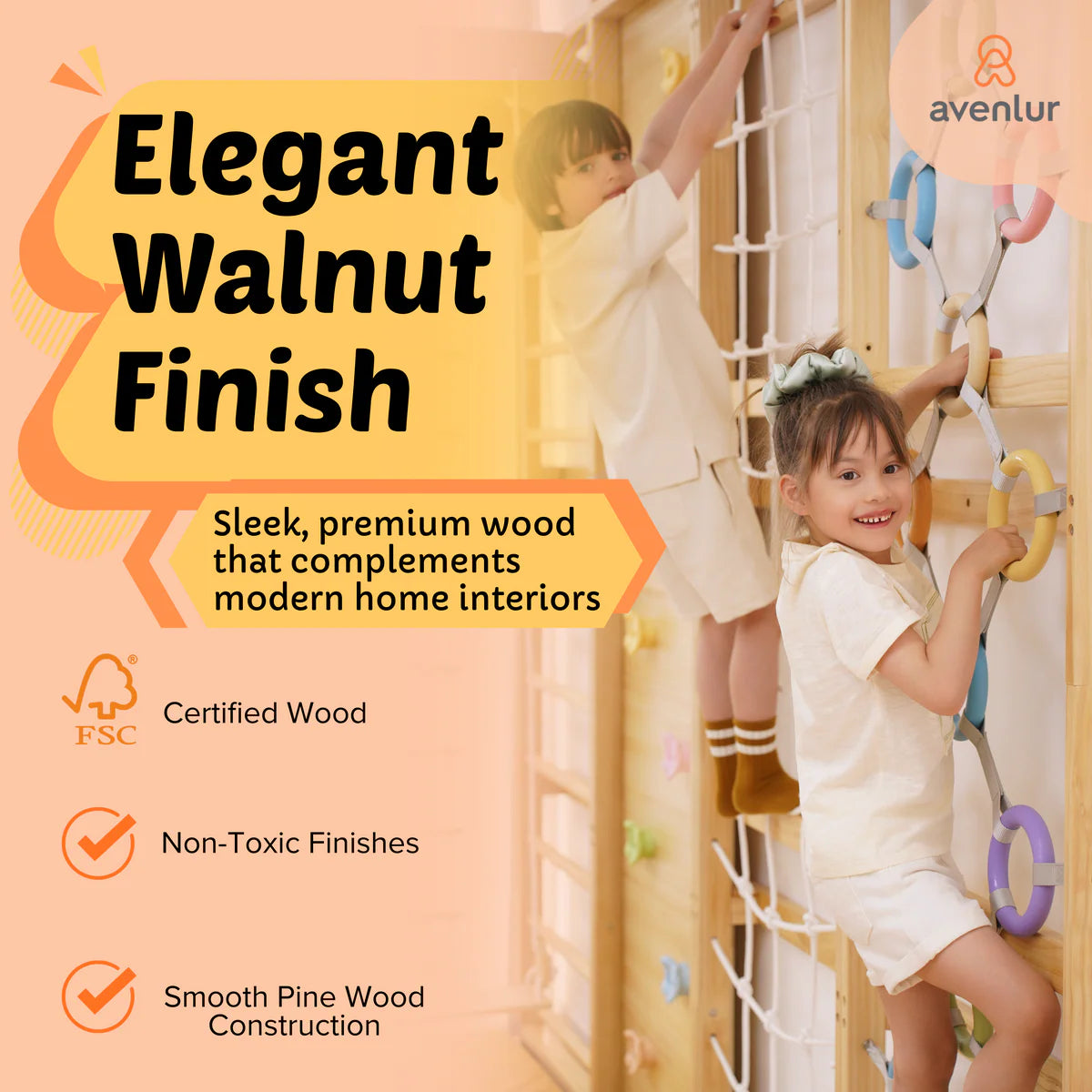 Walnut Modular 9-in-1 Swedish Ladder Wall Gym – Indoor Climber for Kids & Toddlers by Avenlur